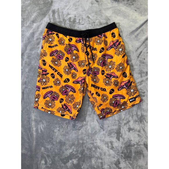 Neff Co. Mens XL Drawstring Swim Shorts With Psychedelic Mushroom & Daisy Print - Picture 1 of 10